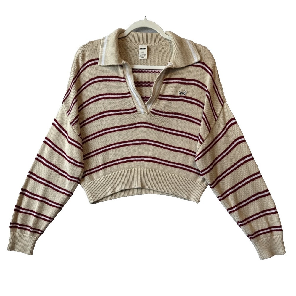 Victoria's Secret PINK Cambridge Knit Prep Polo Cropped Sweater L Preppy Varsity